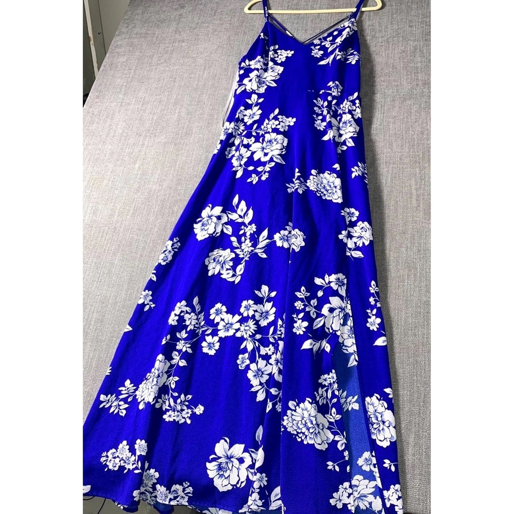 Premier Amour Maxi Dress Womens 16 Navy Blue Floral Criss Cross Strap V Neck